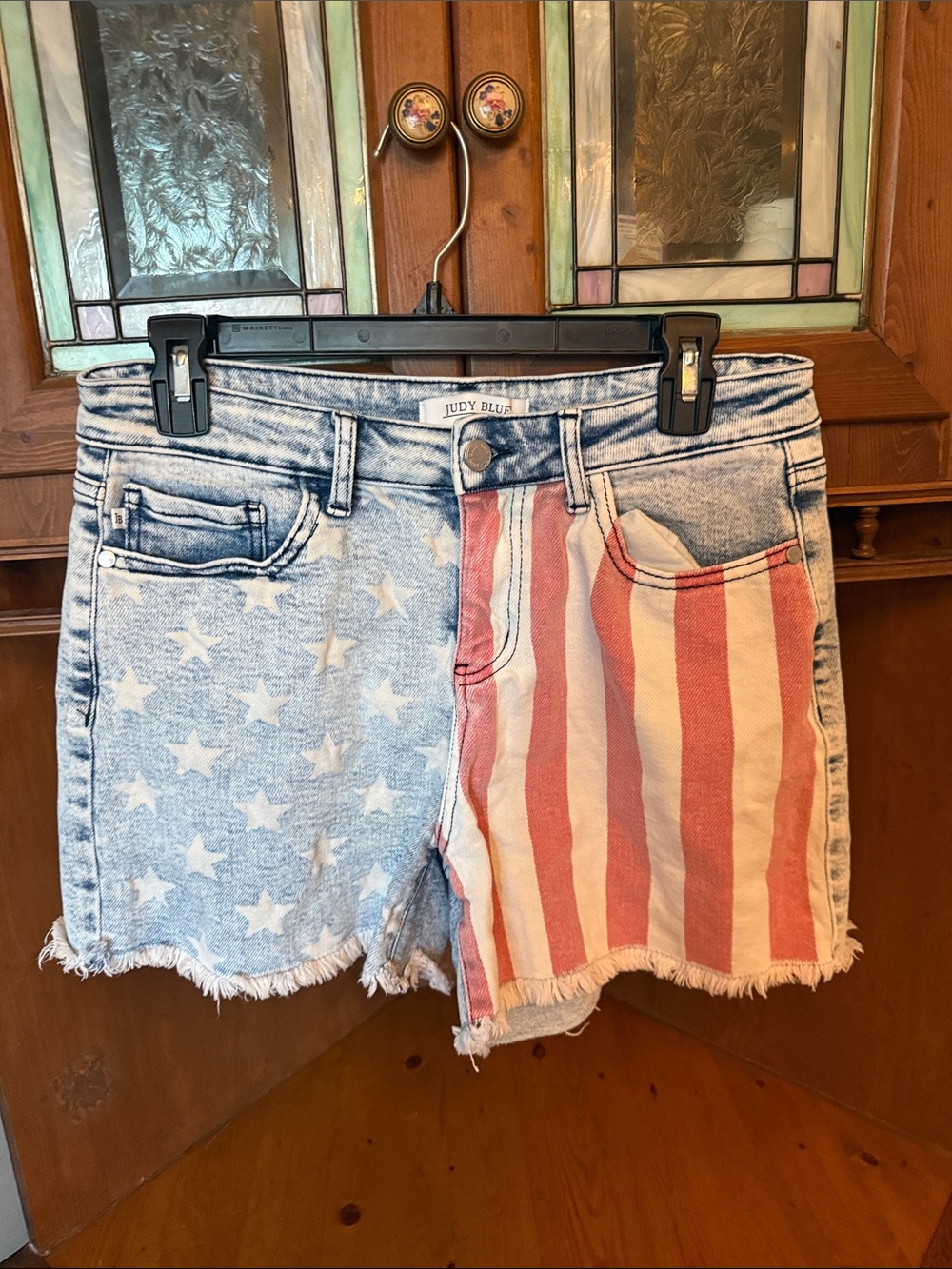 Judy Blue American Flag Denim Shorts Stars Stripes Frayed Raw Hem Size L
